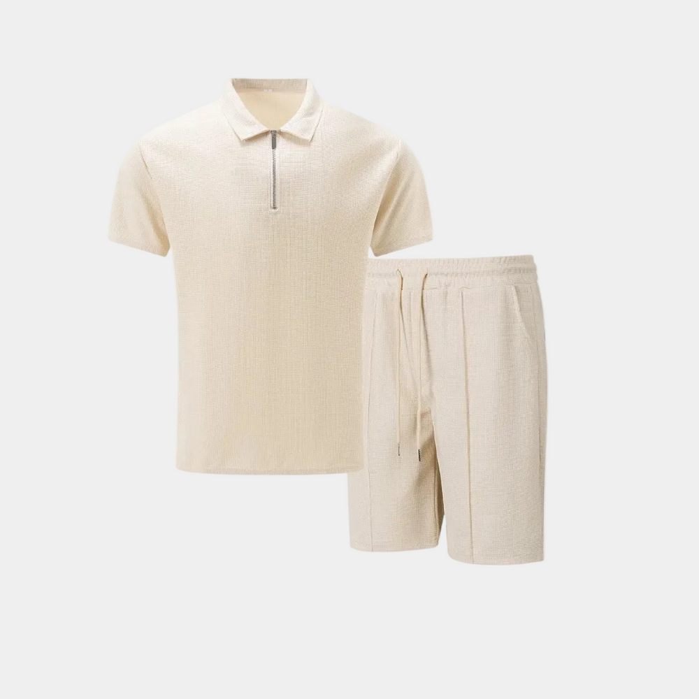 Herrset med polo, halvdragkedja och shorts – detalj 2 | LUMINĀFASH