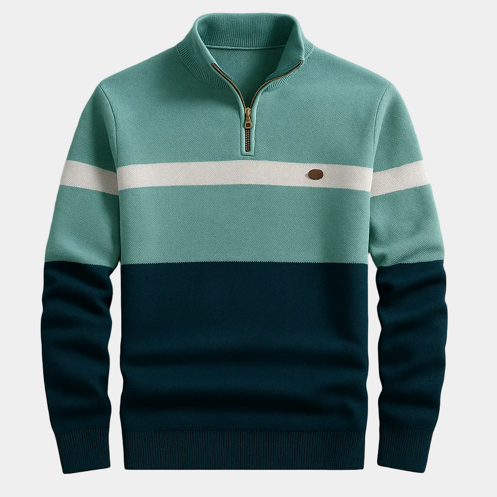 Randig herrpullover med halvdragkedja – detalj 2 | LUMINĀFASH
