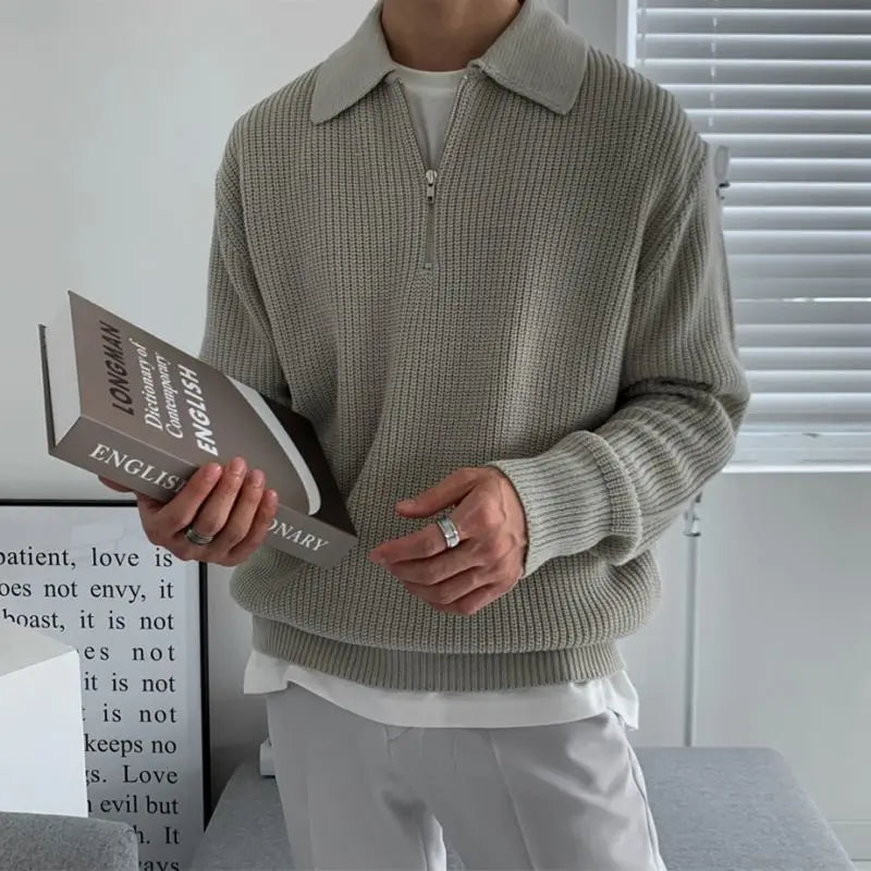 Herrpullover med dragkedja vid kragen – Tröja herrmode | LUMINĀFASH