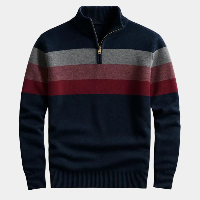 Randig herrpullover med halvdragkedja – detalj 2 | LUMINĀFASH